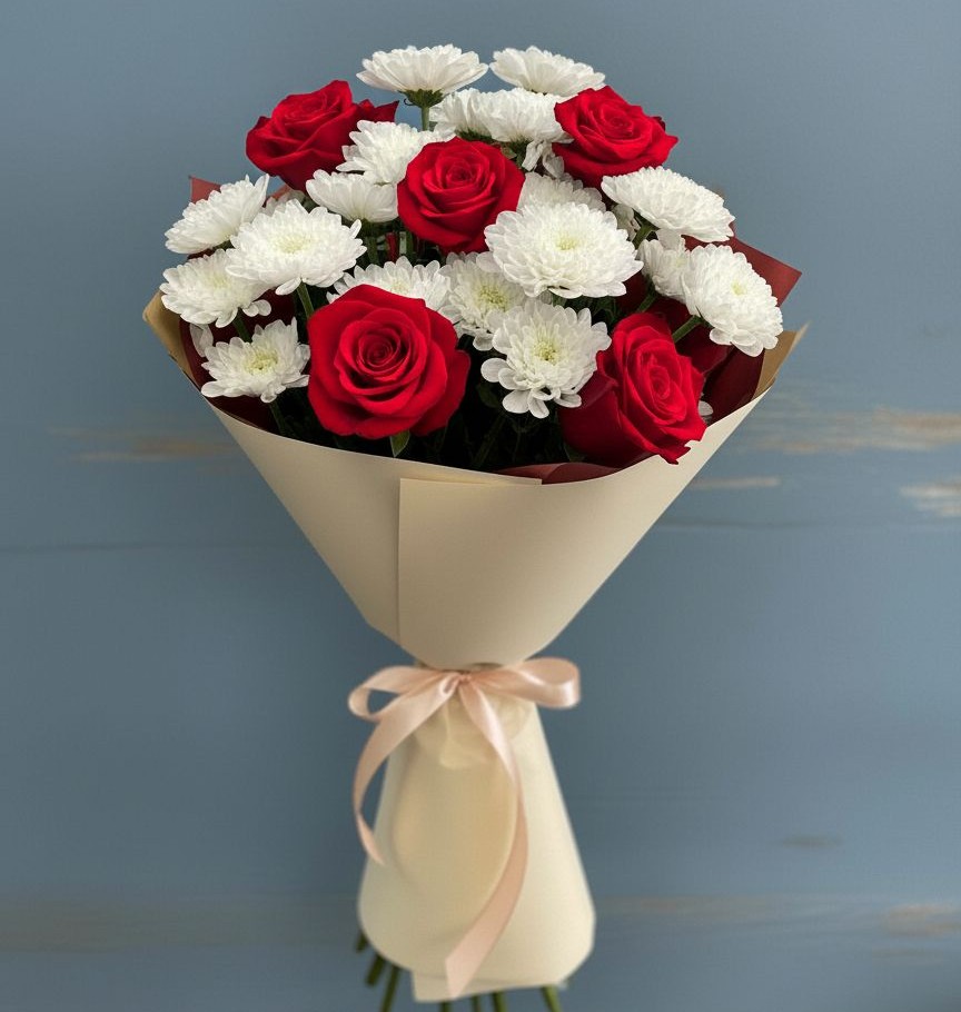 Букет цветов из: Розы и Хризантемы в Новохаритоново