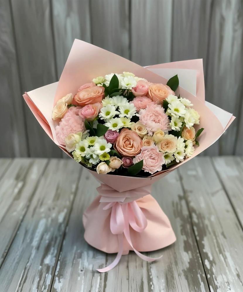 Букет цветов из: Гвоздики, Розы и Хризантемы в Новохаритоново