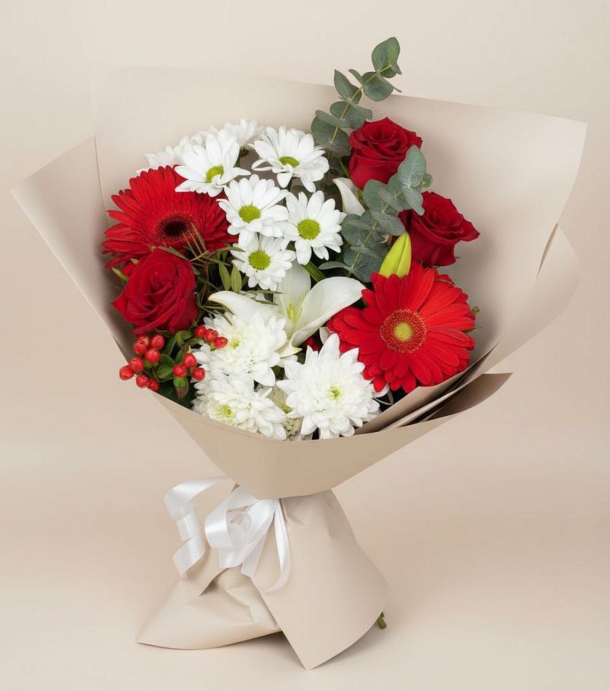 Букет цветов из: Розы, Хризантемы, Герберы и Лилии в Новохаритоново