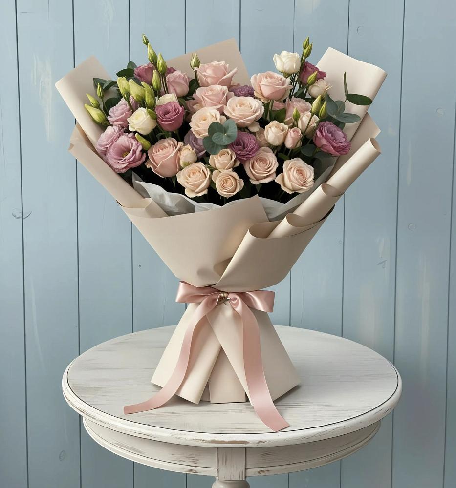 Букет цветов из: Розы и Лизиантусы в Новохаритоново