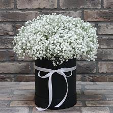 Цветочная композиция из Гипсофила в шляпной коробке в Новохаритоново