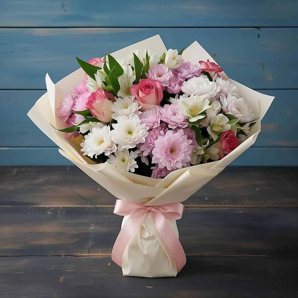 Букет цветов из: Хризантемы, Альстромерии и Розы в Новохаритоново